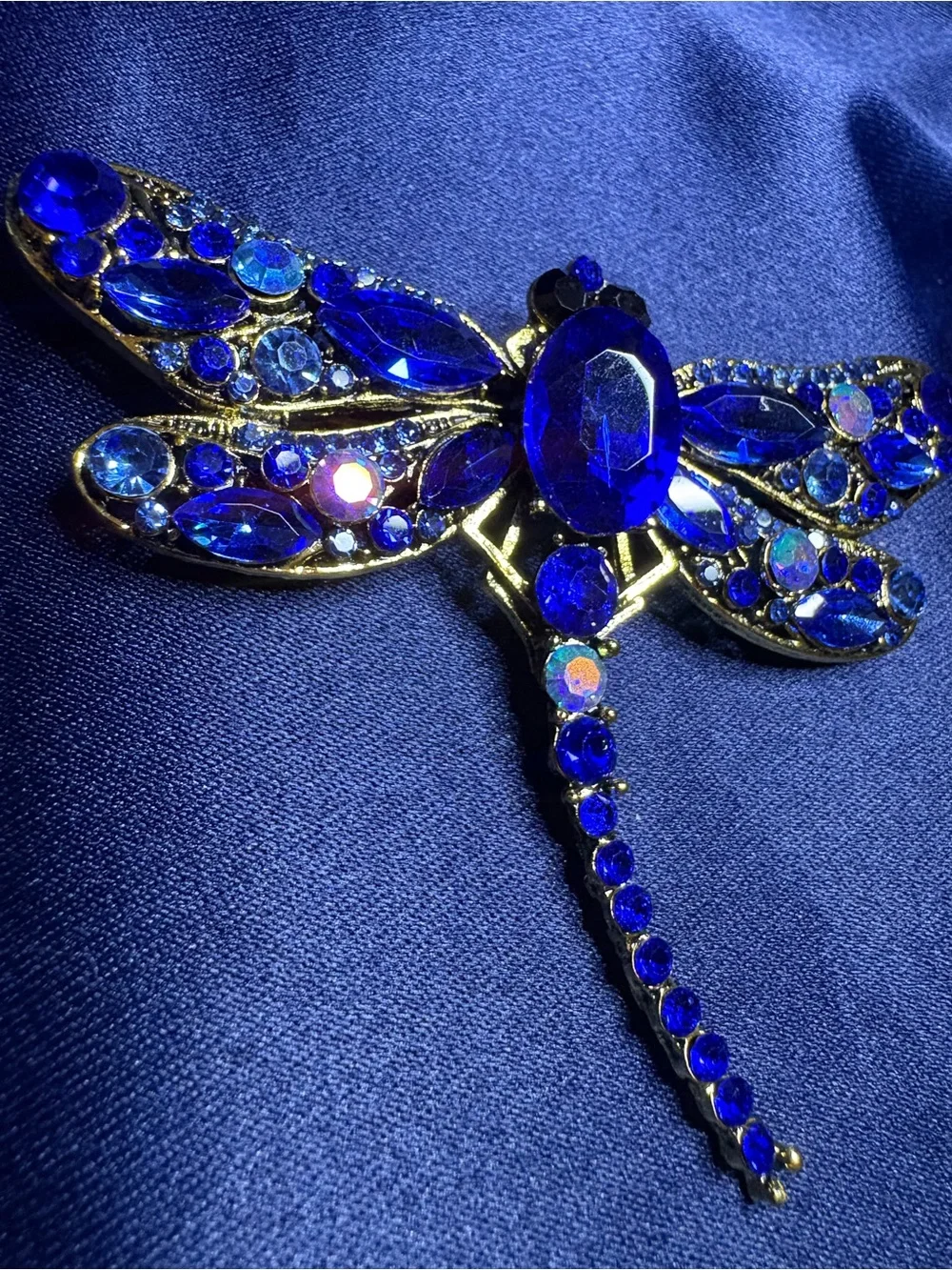 Brooch Dragon Fly Deep Royal Blue Tones Rhinestones Gold Setting Statement
